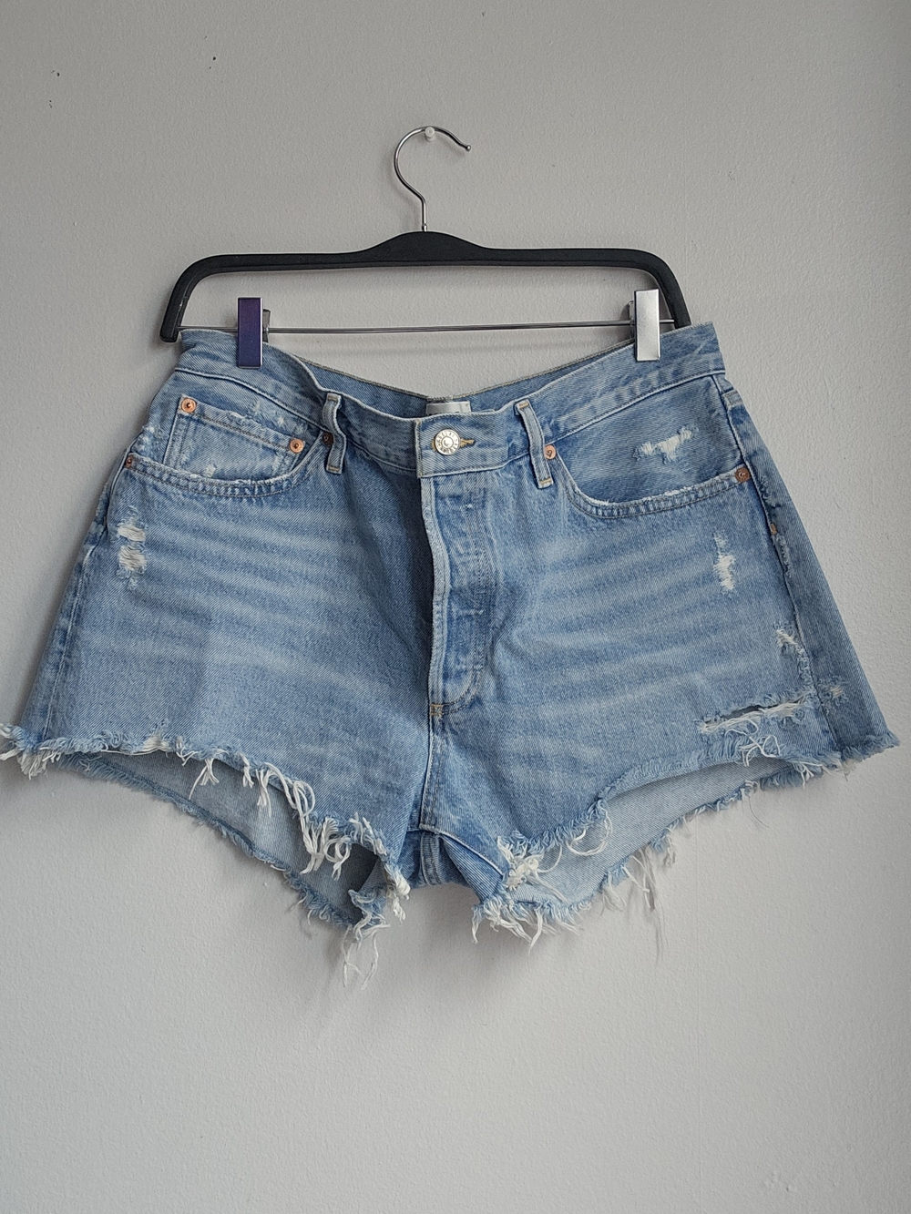 Classic Light Blue Distressed Denim Shorts - Women's